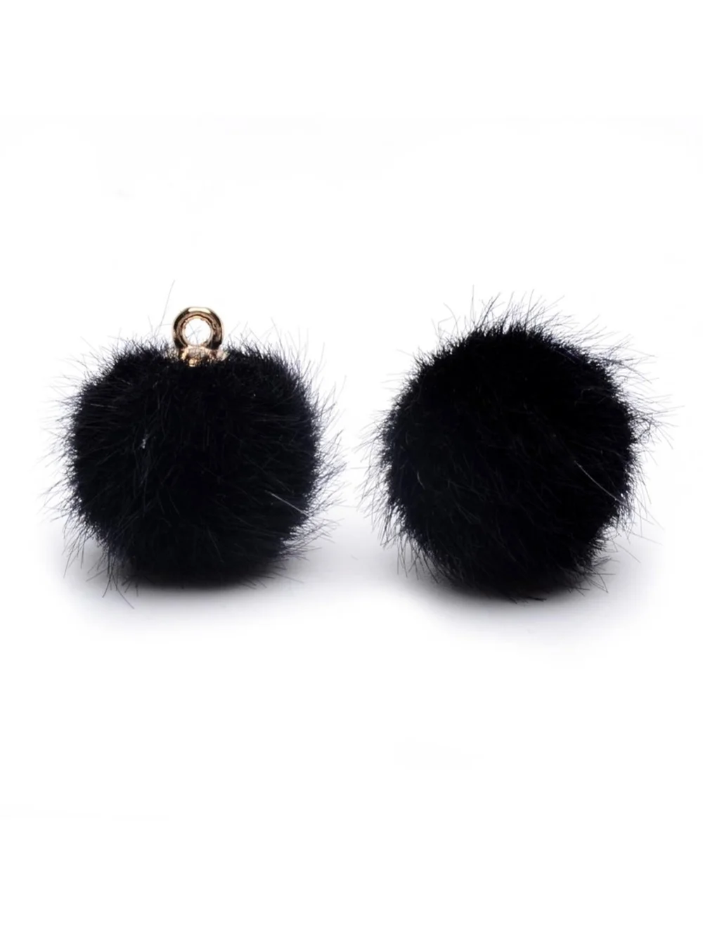 Handcrafted Jet Black Vegan Faux Mink Fur Fuzzy Ball Pendants Charms 10 pcs